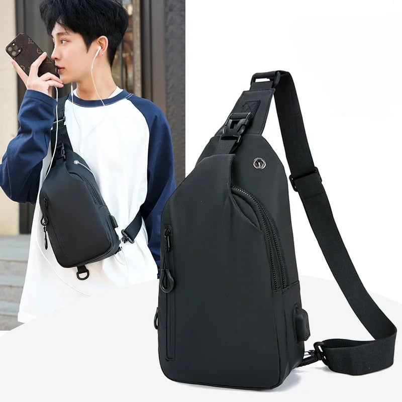 Men Bag Fashion New Solid Color Men Chest Bag Outdoor Casual Fashion One Shoulder Crossbody Bag Nylon USB Charging Shoulder Bags