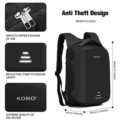 Kono Anti-Theft Laptop Backpack - 15.6" USB Charging Port, Water Resistant Business/School Bag for Men & Women