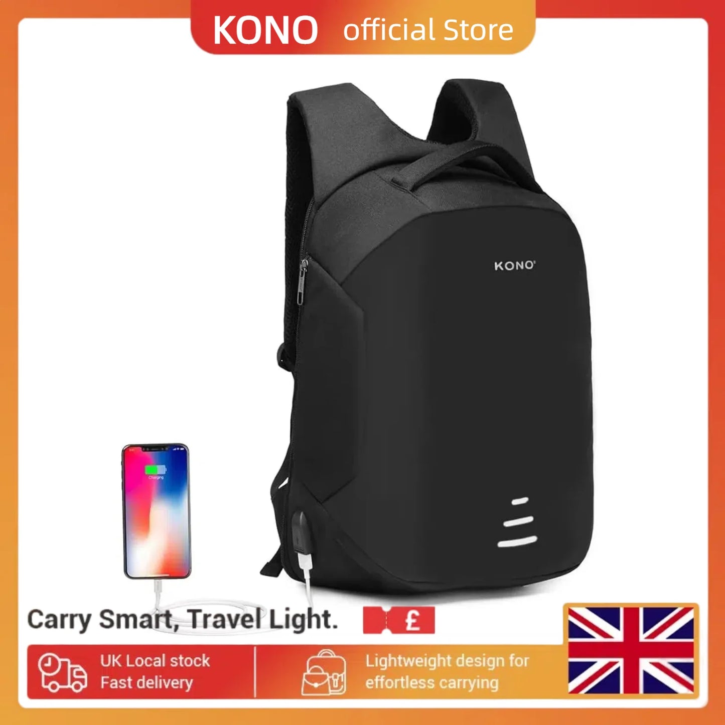 Kono Anti-Theft Laptop Backpack - 15.6" USB Charging Port, Water Resistant Business/School Bag for Men & Women